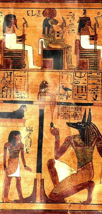 Ancient Egyptian papyrus art with hieroglyphics and figures.