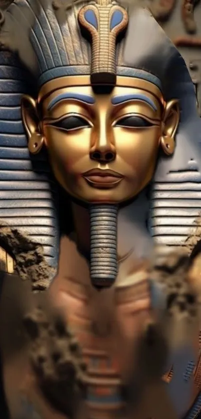 A golden pharaoh art piece on Egyptian themed wallpaper.