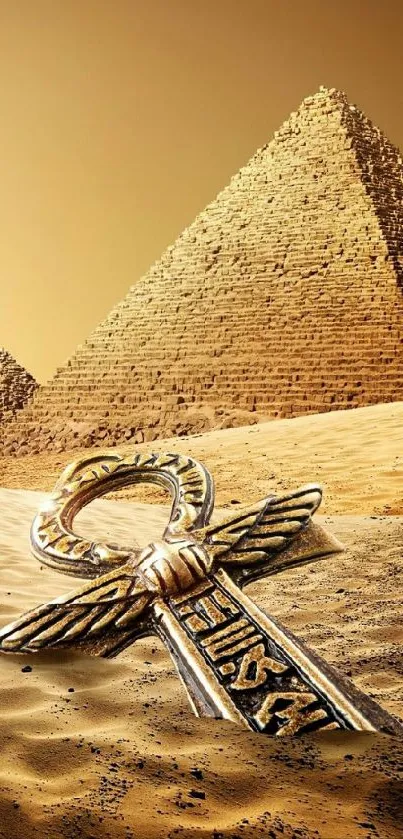 Gold ankh and pyramids in desert wallpaper.