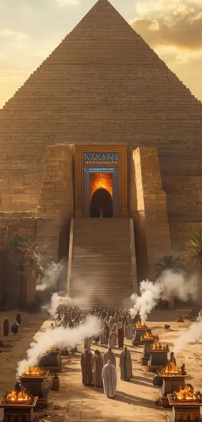 Ancient Egyptian pyramid with grand entrance and figures.