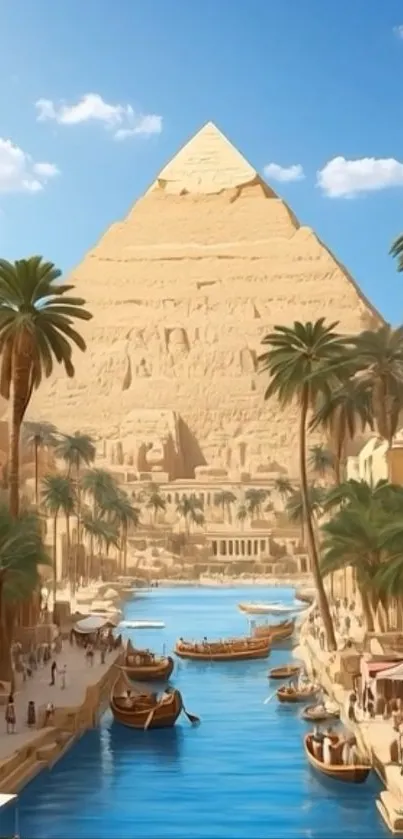 Pyramid by a river with palm trees and boats under a blue sky.
