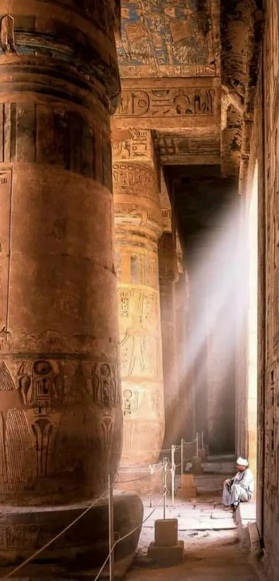 Ancient Egyptian temple interior with sunlit columns.