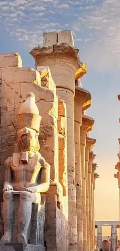 Beautiful ancient Egyptian temple with statues under a vibrant sky.