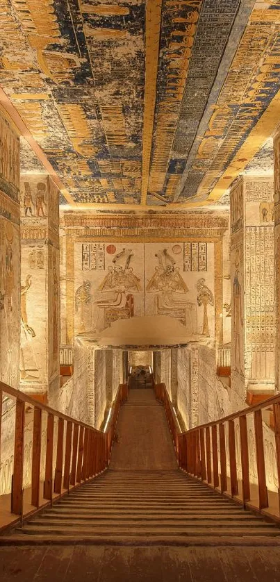 Ancient Egyptian tomb with detailed wall art and hieroglyphics.