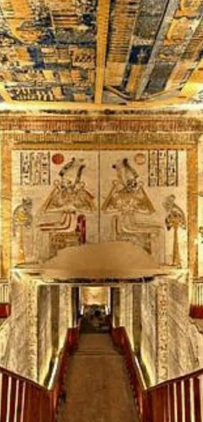 Ancient Egyptian wall art with hieroglyphs and pharaonic elements.