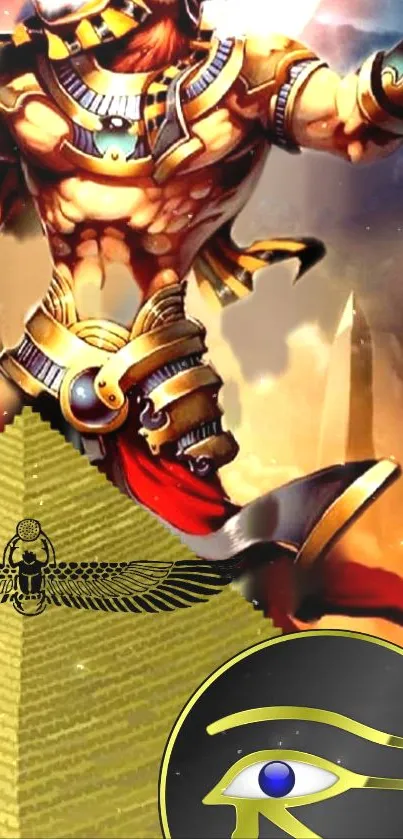 Mobile wallpaper with Egyptian warrior, pyramid, and Eye of Horus symbolism.