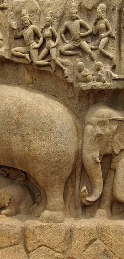 Intricate stone carving of elephants in ancient art style.