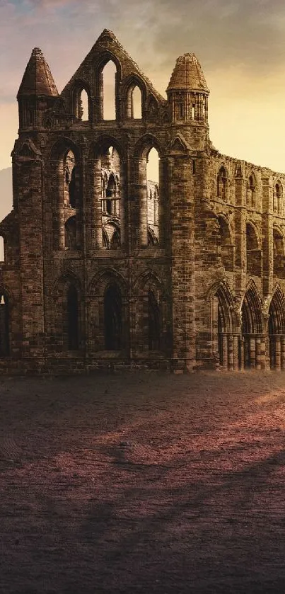 Ancient stone fortress silhouetted against a warm sunset.