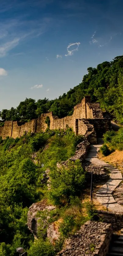 Ancient fortress surrounded by lush green hills and a stone pathway.