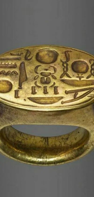 Intricate gold ring with ancient hieroglyphics on gray background.