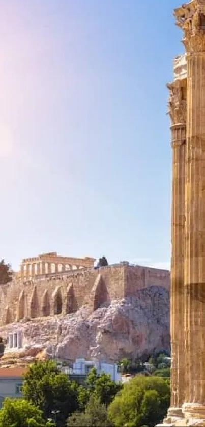 Sunlit Greek ruins with ancient columns and temple in background.