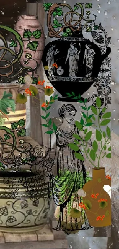 Greek art wallpaper with pottery and green leaves.