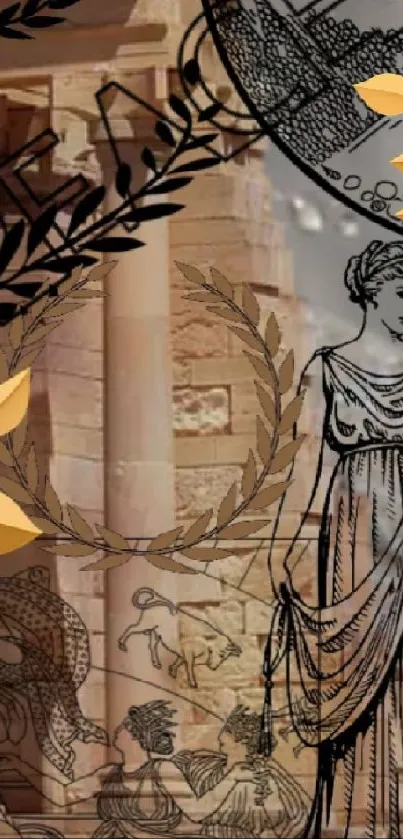 Elegant wallpaper featuring ancient Greek art and architecture.