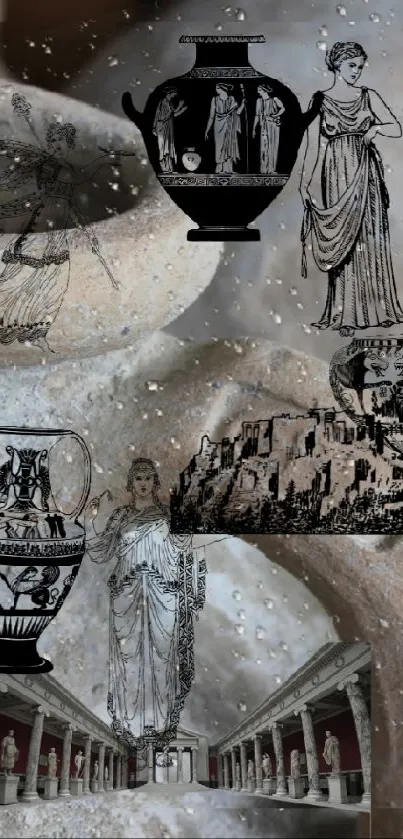 Ancient Greek-themed wallpaper with pottery and architecture.