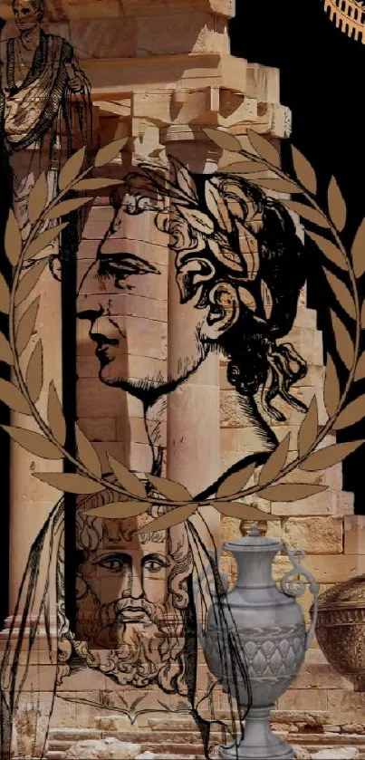 Ancient Greek art wallpaper with statues and laurel wreath.