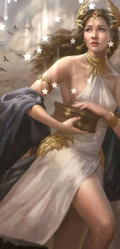 Illustration of a Greek goddess holding a box in an ancient, mythical setting.