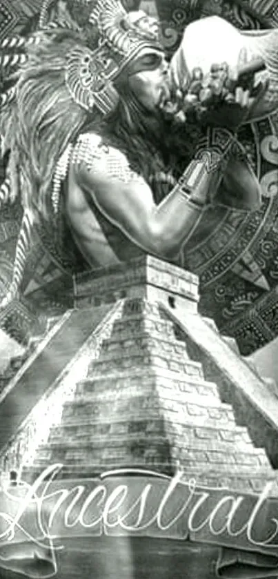 Mayan warrior with pyramidal backdrop in grayscale.