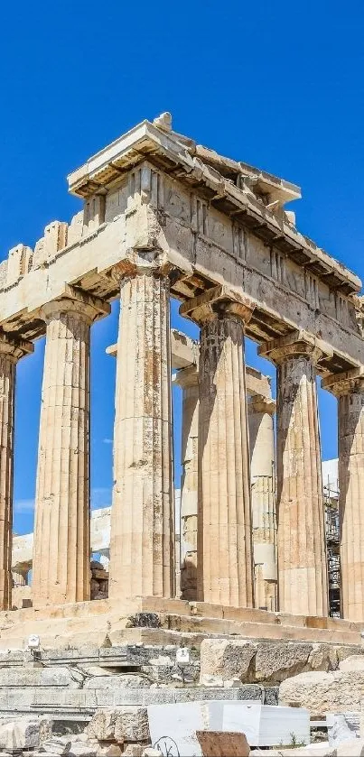 Parthenon in Athens under a clear blue sky.