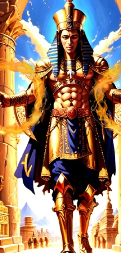 Vibrant art of a pharaoh warrior standing amidst grand architecture.