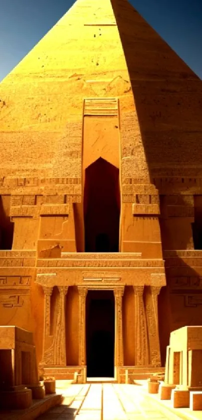 Ancient pyramid with golden hues against a blue sky.