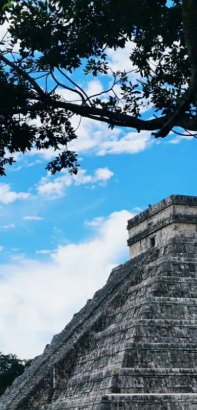 Ancient pyramid with blue sky background, branches overhead.