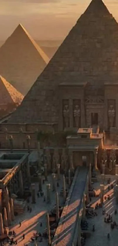 Ancient Egyptian pyramids under a beautiful sunset sky.