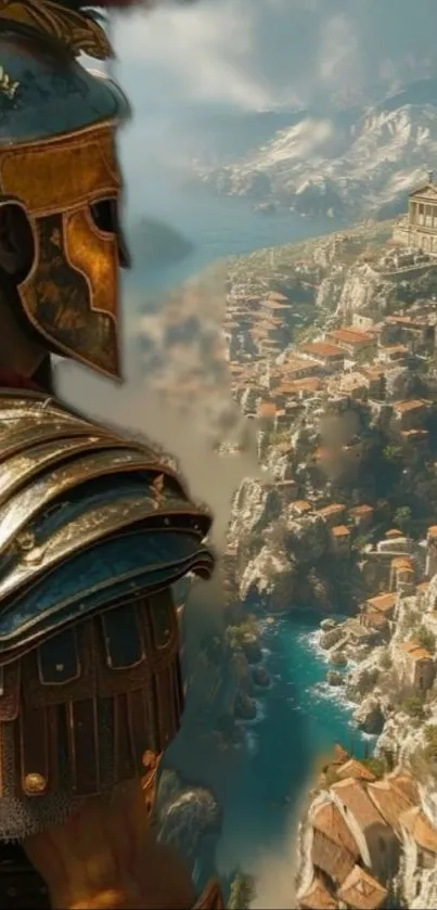 Ancient Roman soldier overlooking scenic landscape wallpaper.