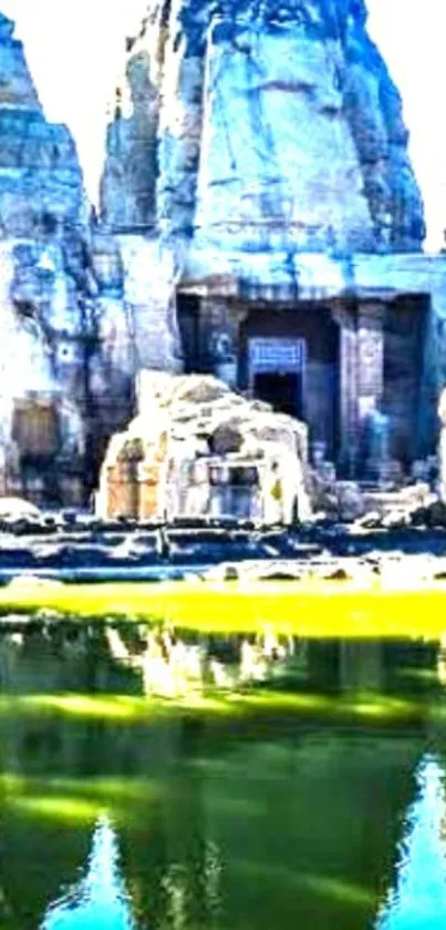 Ancient ruins reflecting on calm green waters, capturing tranquility and history.