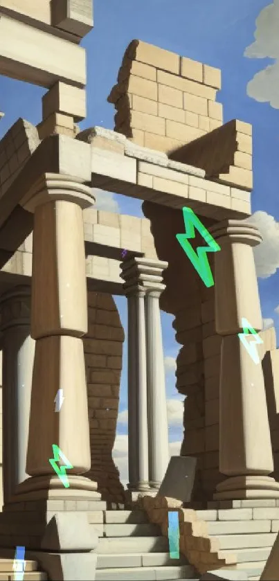 Artistic depiction of ancient ruins with columns under a blue sky.