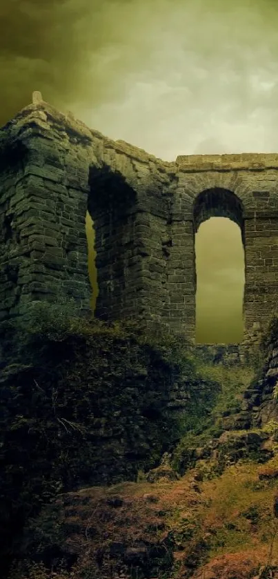 An atmospheric view of ancient stone ruins under a moody sky.