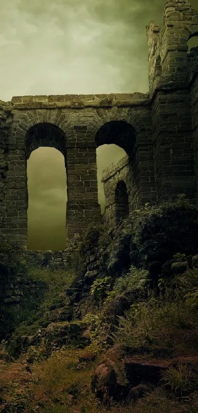 Ancient stone ruins with arches and moss covering the landscape.