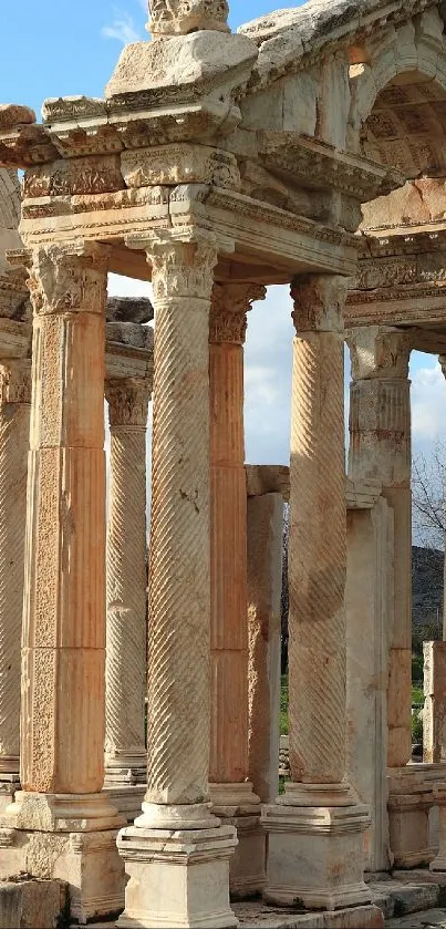 Sunlit ancient ruins with stone columns against a blue sky and grassy landscape.