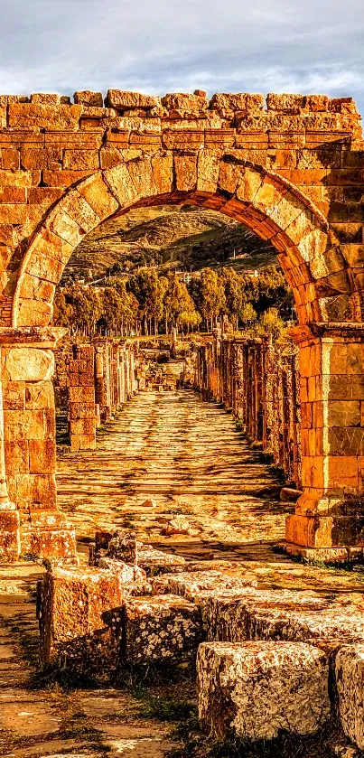 Ancient ruins path under golden sky.