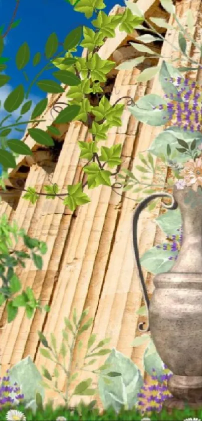 Ancient ruins and stone vase with green foliage under a blue sky.