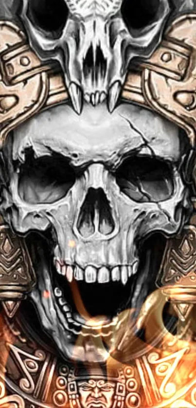 An ancient, ornate skull with fiery accents in a mobile wallpaper design.