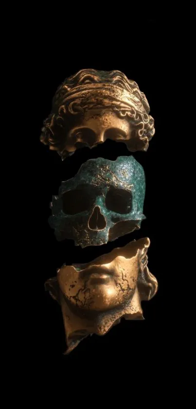 An artistic depiction of skull and mask fragments on a dark background.