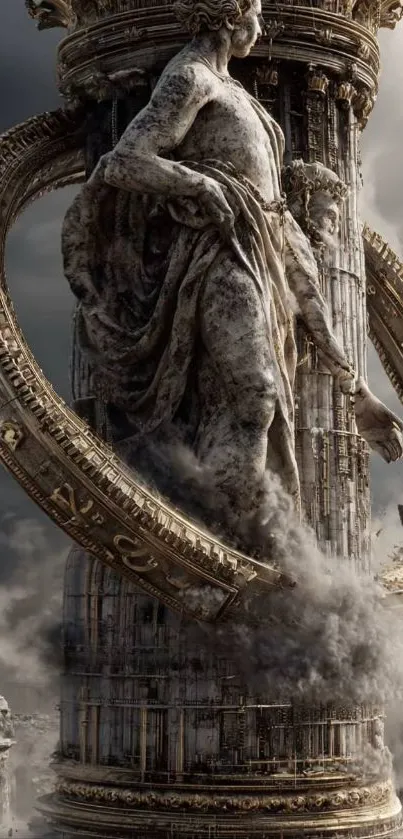 Ancient statue with intricate details against a dramatic sky