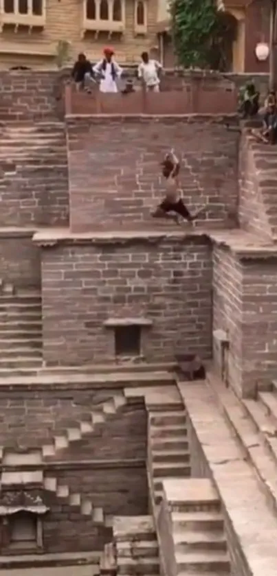 View of an ancient stepwell with intricate stone steps.