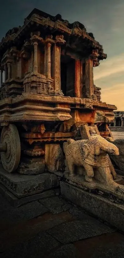 Ancient stone chariot at dusk under a mesmerizing sunset.