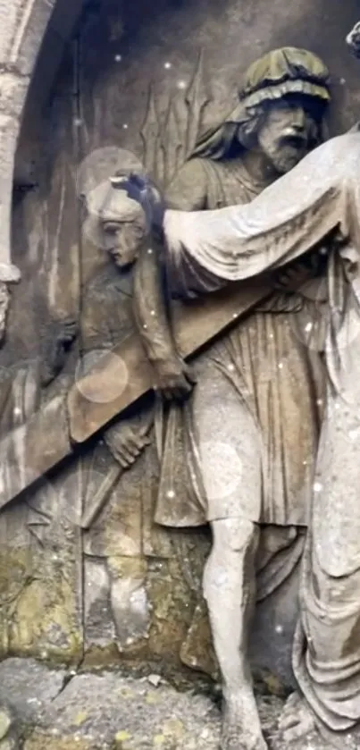 Detailed ancient stone carving on a historic wall.