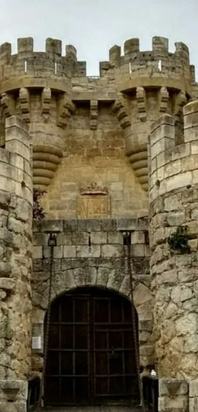 Mobile wallpaper of an ancient stone castle with a striking medieval entrance.