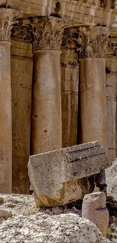 Ancient stone columns and ruins in beige tones.