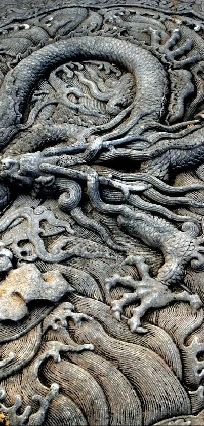 Intricate stone dragon motif on ancient background.