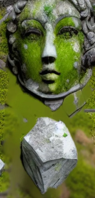 Ancient stone face with green moss on phone wallpaper.