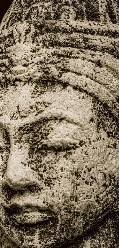 A serene ancient stone sculpture in detailed focus.