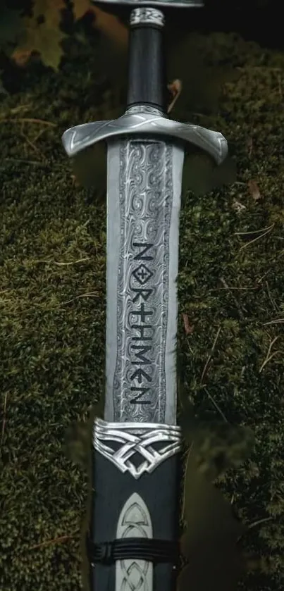 Detailed medieval sword resting on a moss-covered ground.