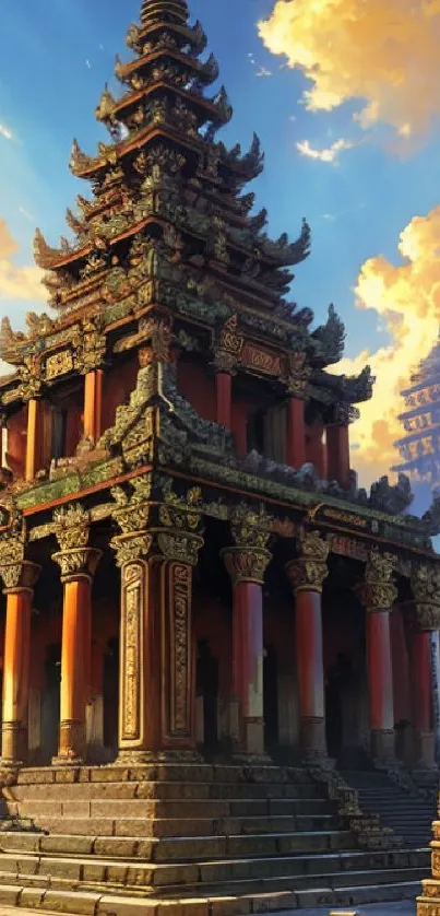 Ancient temple against a vibrant sunset sky, showcasing architectural beauty.