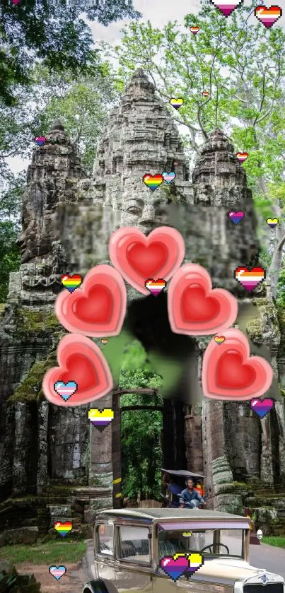 Stone temple with heart overlays and vintage car beneath lush greenery.