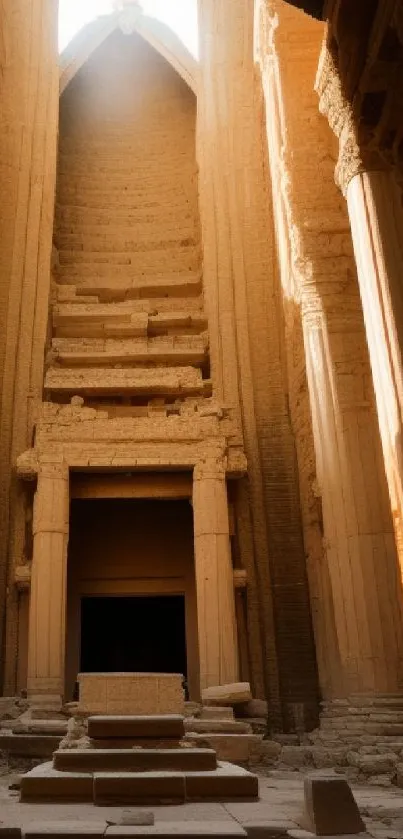 Majestic ancient temple with towering stone pillars bathed in a golden glow.