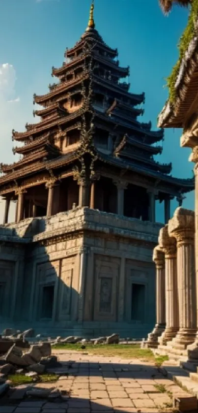 Serene ancient temple with clear sky and architectural beauty.